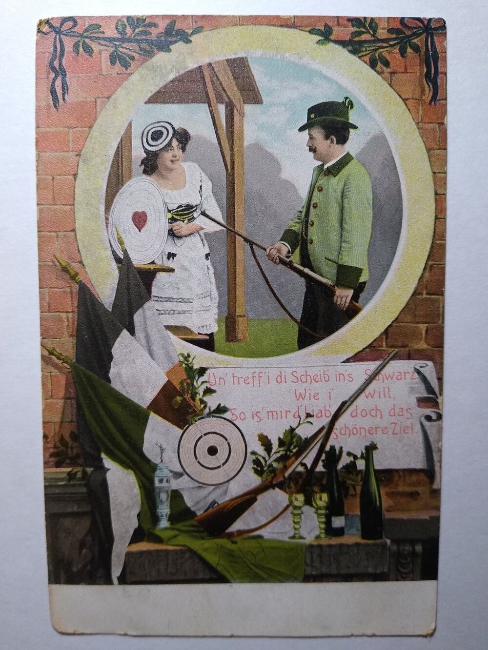 Vintage Bavarian Couple Hunting Target Postcard Romantic Folk Art Serie 285